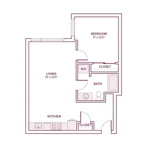 712 square foot one bed one bath apartment floor plan in Beaverton, OR