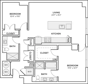 1,223 square foot two bedroom two and half bath floor plan image