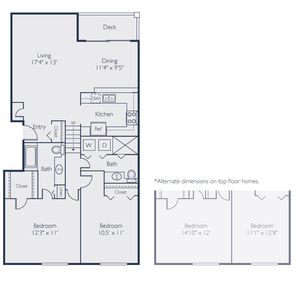 2 x 2 | 1096 SF | Floor plan map for a two bedroom unit at our apartments for rent in Marlborough, featuring labeled rooms with dimensions.