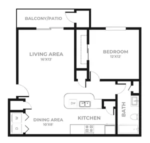 One bedroom apartment floor plan featuring a living area measuring 16 by 13 feet, a dining area, and a full kitchen with island and dishwasher. The bedroom is 12 by 12 feet with a nearby bathroom. The layout includes a balcony or patio and in unit washer and dryer closet for added convenience.