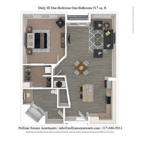 Charming floor plan for Pulliam Square Apartments showcasing a one-bedroom, one-bathroom layout with 917 sq. ft., featuring a cozy living area, stylish kitchen, and inviting bedroom.