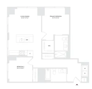 Avira Residence 15 floor plan featuring 2 bedrooms, 2 bathrooms, open living/dining area on Floor 10, designed for modern urban living in Philadelphia.