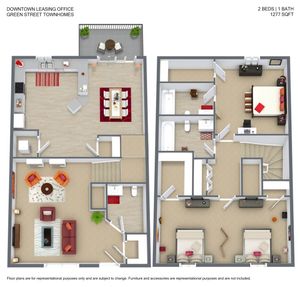 Charming 3D floor plan of a 1277 sq ft townhome featuring 2 bedrooms, 1 bath, a cozy living area, and a modern kitchen with a dining space, located at Green Street Townhomes with a private balcony.