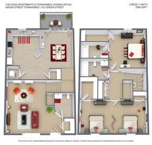 Floor plan of 612 Green Street showcasing 2 bedrooms, 1 bath, and open dining area with balcony at Green Street Townhomes, 2080 sq ft.
