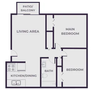 Inviting floor plan showcasing a spacious living area, patio balcony, and a well-equipped kitchen for optimal comfort.