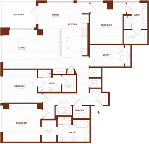 Expansive floor plan with 3 bedrooms, elegant living area, modern kitchen, study, balcony, and multiple bathrooms, ideal for family living.