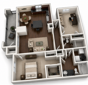 Modern 3D floor plan showcasing 1 bedroom, stylish living area, home office, and kitchen with dining space, complemented by a cozy balcony.