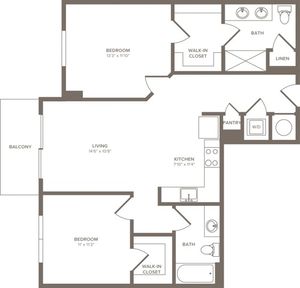 983 square foot two bedroom two bath apartment floorplan image