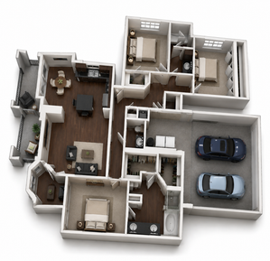 Modern 3D floor plan showcasing 3 bedrooms, a spacious open-concept living and dining area, and a double garage, ideal for family living.