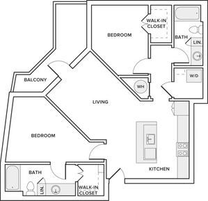 1010 square foot 2 bed 2 bath apartment floorplan image