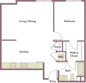 861 square foot one bedroom one bath apartment floorplan image