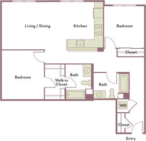 1,120 square foot two bedroom two bath apartment floorplan image