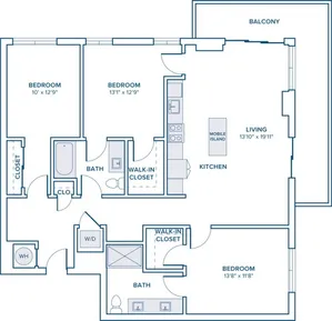 1400 square foot three bedroom two bath apartment floor plan in St. Petersburg, FL