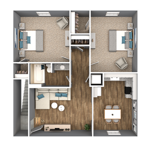 Modern 2D floor plan showcasing 2 spacious bedrooms, inviting living area, and sleek kitchen with dining space, all accented with stylish decor.