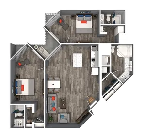 Modern floor plan featuring two cozy bedrooms, an open-concept living and dining area, sleek kitchen with island, and two elegant bathrooms, ideal for comfortable urban living.