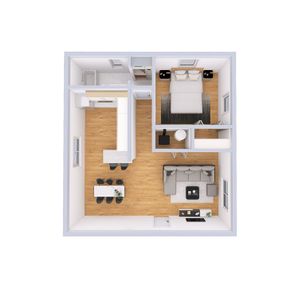 Modern 1-bedroom apartment floor plan featuring an open-concept kitchen, dining area, and cozy living room.