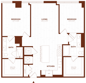 Elegant floor plan featuring 2 spacious bedrooms with walk-in closets, modern kitchen with island, and open living area, perfect for contemporary living.