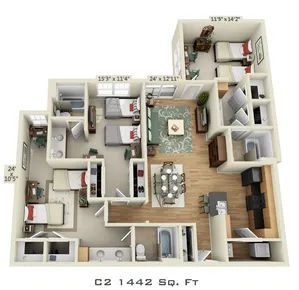 3D floor plan of a 1442 sq. ft. apartment featuring three bedrooms, two bathrooms, an open-concept living area, and a modern kitchen.