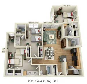 3D floor plan of The Q apartment showcasing 3 bedrooms, open living area, and modern kitchen.