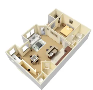 Charming 3D floor plan showcasing a cozy one-bedroom apartment with an open concept living area, modern kitchen with island, and inviting dining space.