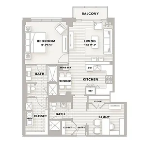 Inviting floor plan A19 showcasing 1 bedroom, 2 baths, a study, and spacious living and kitchen areas with a balcony. Total area of 1,108 sq ft.