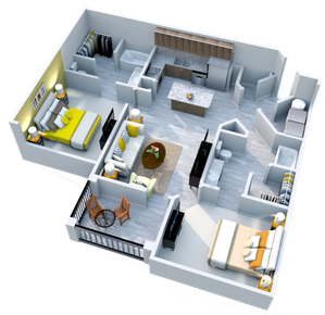 Modern 3-bedroom apartment 3D floor plan with open living area, chic kitchen, and stylish balcony seating.