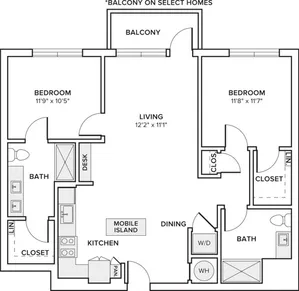 1,105 square foot two bedroom two bath floor plan image
