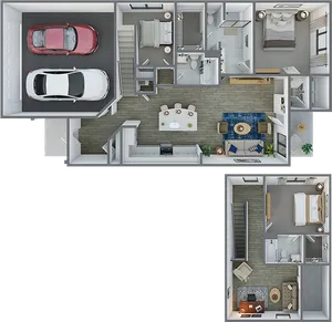 Modern 3D floor plan featuring 3 spacious bedrooms, an elegant living room, and a contemporary open kitchen, complete with double garage and stylish decor.