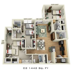 3D floor plan of a 3-bedroom apartment with open living and dining area, modern kitchen, and dual bathrooms, featuring 1442 sq. ft.