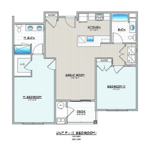 Elegant 2D floor plan with two bedrooms, open great room, modern kitchen, and a deck.