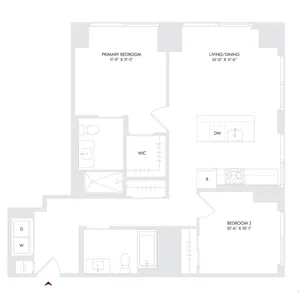 AIRA Residence 3 floor plan showcasing a modern 2 bedroom, 2 bathroom layout with open living/dining area and spacious kitchen, located on floors 10-26.