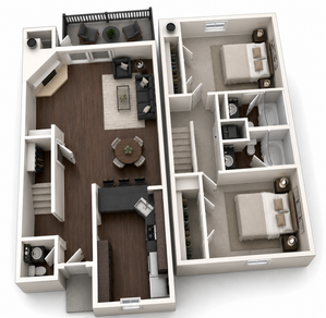 Modern 3D floor plan showcasing two spacious bedrooms, an elegant living room, open dining area, and a sleek kitchen with a breakfast bar, perfect for contemporary living.