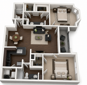 Elegant 3D floor plan with two spacious bedrooms, cozy living room, open dining area, modern kitchen, and two bathrooms, ideal for comfortable living.