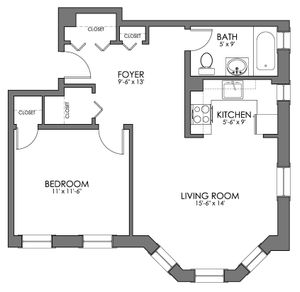 Chic floor plan featuring a spacious bedroom, modern kitchen, cozy living room, and elegant bath, perfect for stylish urban living.