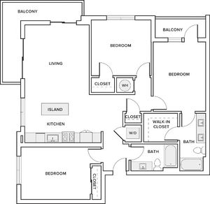 1344 square foot three bedroom two bath apartment floorplan image