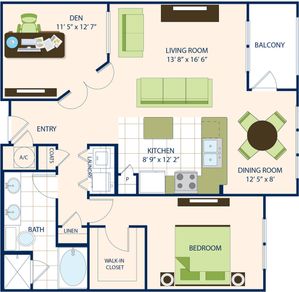 One Bedroom One Bath with Den (1146 SF)