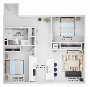 Modern 2-bedroom floor plan with open kitchen, cozy living room, and stylish bath. Ideal for comfortable living.