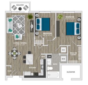 Modern 2D floor plan showcasing a 2-bedroom layout with a spacious living and dining area, elegant kitchen, and a charming balcony.