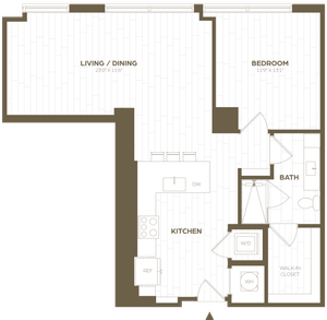 Modern 2D floor plan featuring a spacious open-concept living and dining area, a sleek kitchen with island seating, a sizable bedroom, and a bathroom with a walk-in closet.