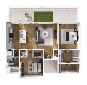 Modern floor plan showcasing 2 bedrooms, 2 bathrooms, open-concept living area, stylish kitchen, and spacious patio.