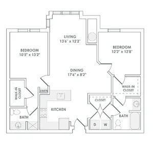 1105 square foot two bedroom two bath apartment floorplan image