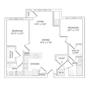 1172 square foot two bedroom two bath apartment floorplan image