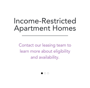 Promotional image for income-restricted apartment homes highlighting leasing team contact for eligibility and availability details.