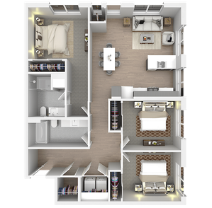 Contemporary 3D floor plan showcasing a spacious apartment with three bedrooms, chic open-concept kitchen and living area, and modern bathrooms.
