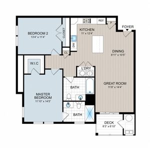 Detailed floor plan showcasing 2 bedrooms, great room, kitchen, dining area, and deck.