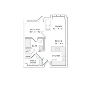 828 square foot one bedroom one bath apartment floorplan image