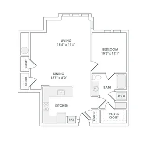 902 square foot one bedroom one bath apartment floorplan image