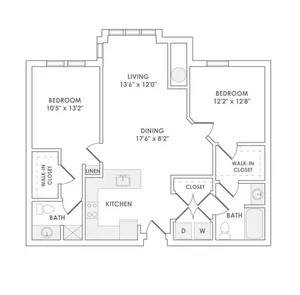 1089 square foot two bedroom two bath apartment floorplan image
