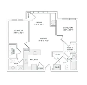 1172 square foot two bedroom two bath apartment floorplan image