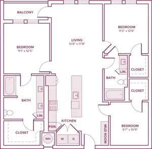 1297 square foot three bedroom two bath apartment floor plan in Houston, TX